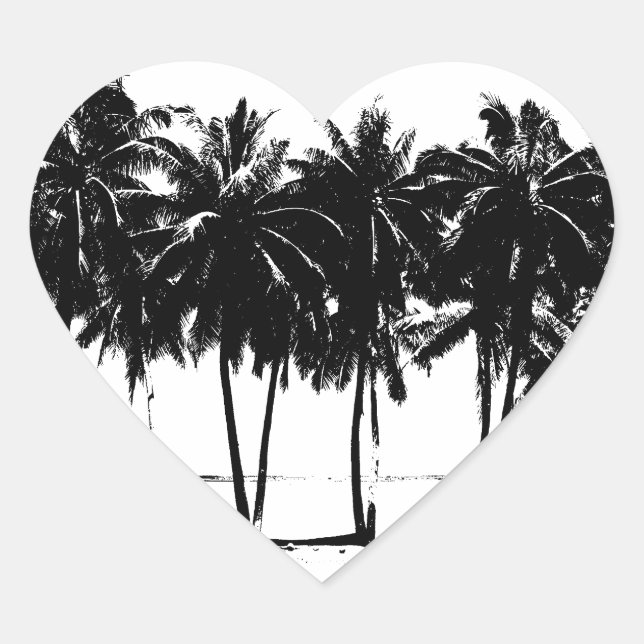 Black White Palm Trees Silhouette Heart Sticker (Front)