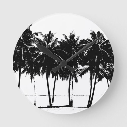 Black White Palm Trees Silhouette Round Clock