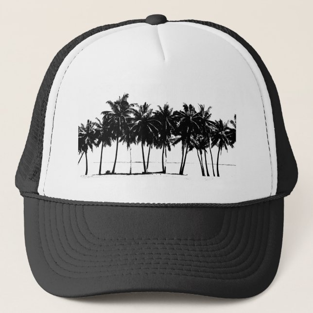 Black White Palm Trees Silhouette Trucker Hat (Front)