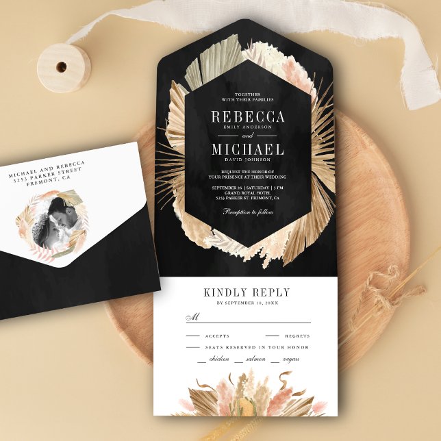Black White Pampas Grass Dried Palm Leaves Wedding All In One Invitation (Creator Uploaded)