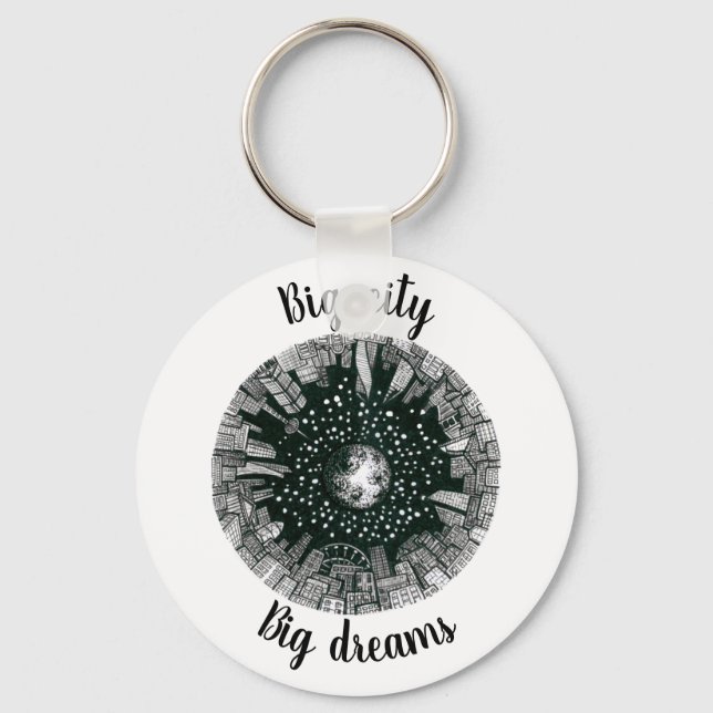 Black & white panorama city under the Moon Keychain (Front)