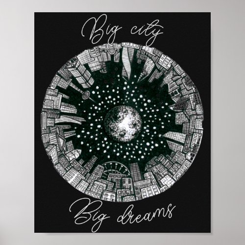 Black  white panorama city under the Moon Poster