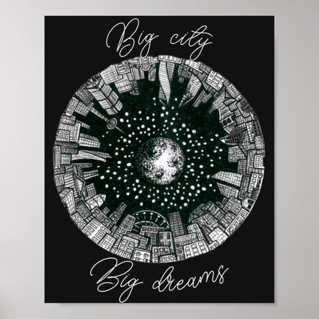 Black & white panorama city under the Moon Poster (Front)