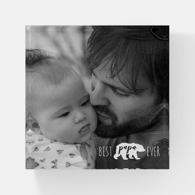 Black & White Papa Bear Father's Day Custom Photo Paperweight (Front)