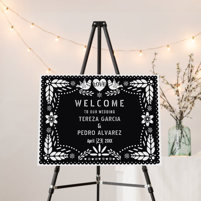 Black, white papel Picado fiesta wedding welcome Foam Board (In Situ (Stand))