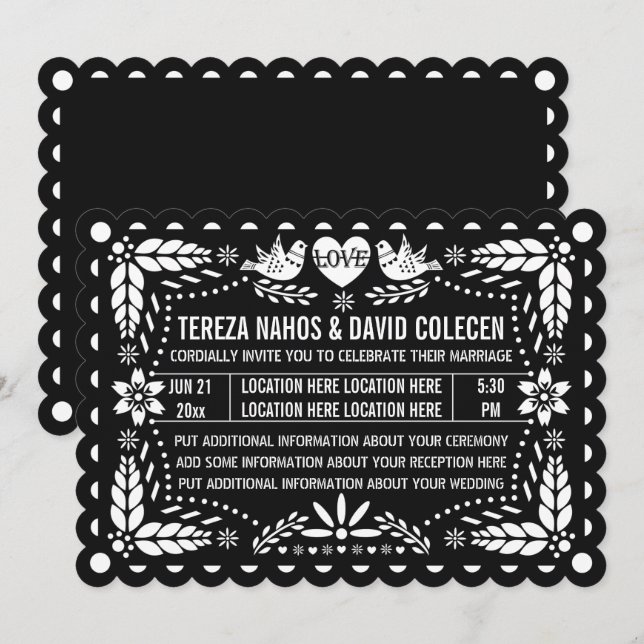 Black white papel picado love birds fiesta wedding invitation (Front/Back)