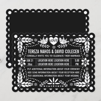 Black white papel picado love birds fiesta wedding invitation