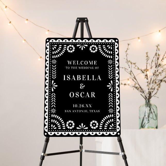 Black & White Papel Picado Wedding Welcome Sign (In Situ (Stand))