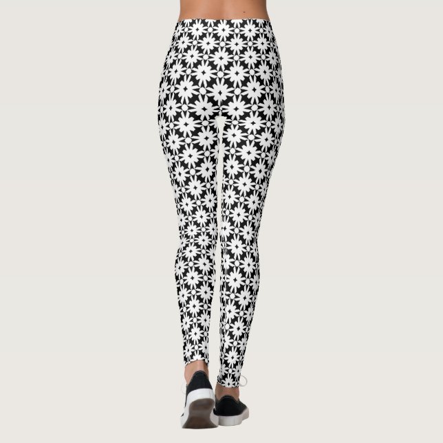 Black White Paper Flower Chain Pattern leggings (Back)