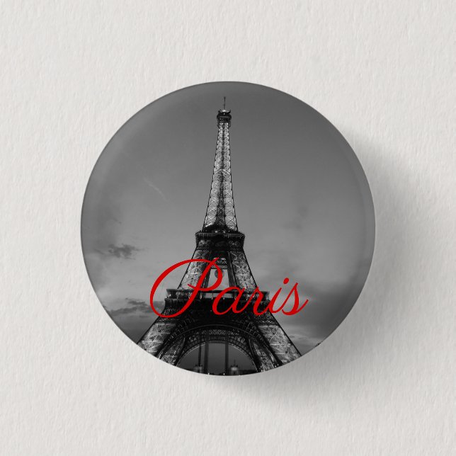 Black White Paris City Night Eiffel Tower European Button (Front)