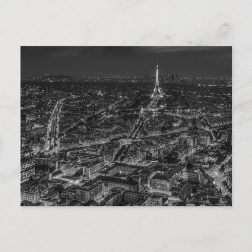 Black White Paris City Night Eiffel Tower European Holiday Postcard
