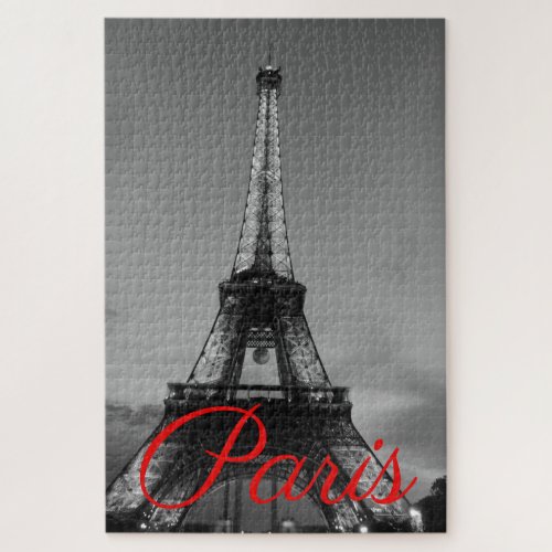 Black White Paris City Night Eiffel Tower European Jigsaw Puzzle