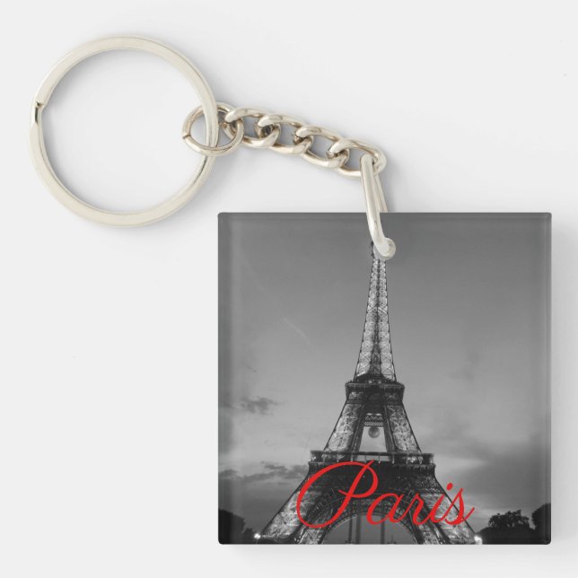 Black White Paris City Night Eiffel Tower European Keychain (Front)