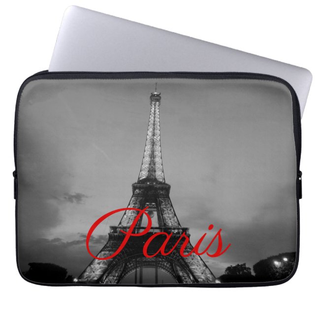 Black White Paris City Night Eiffel Tower European Laptop Sleeve (Front)