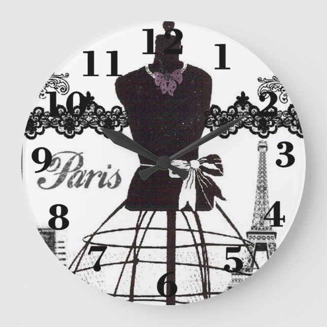 Black White Paris Fashion Mannequin Large Clock (Front)