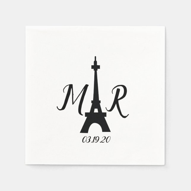 Black White Paris Tower Wedding Logo Napkins (Front)