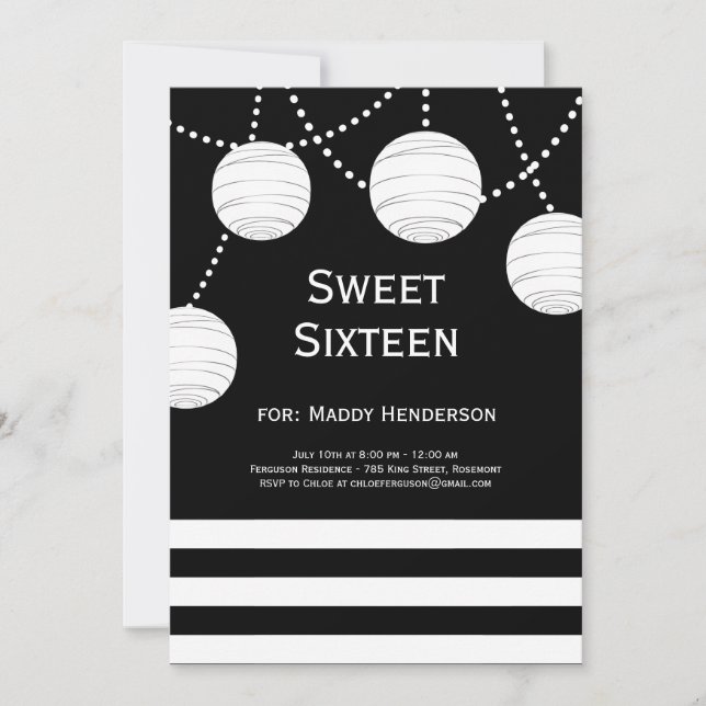 Black & White Party Lantern Birthday Invitation (Front)