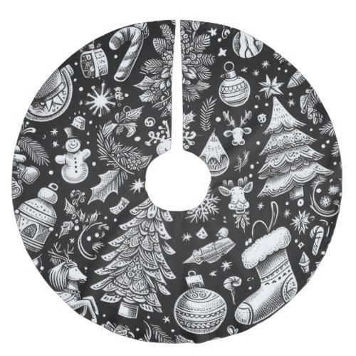 Black White Pastel Drawing Christmas Motif Holiday Brushed Polyester Tree Skirt