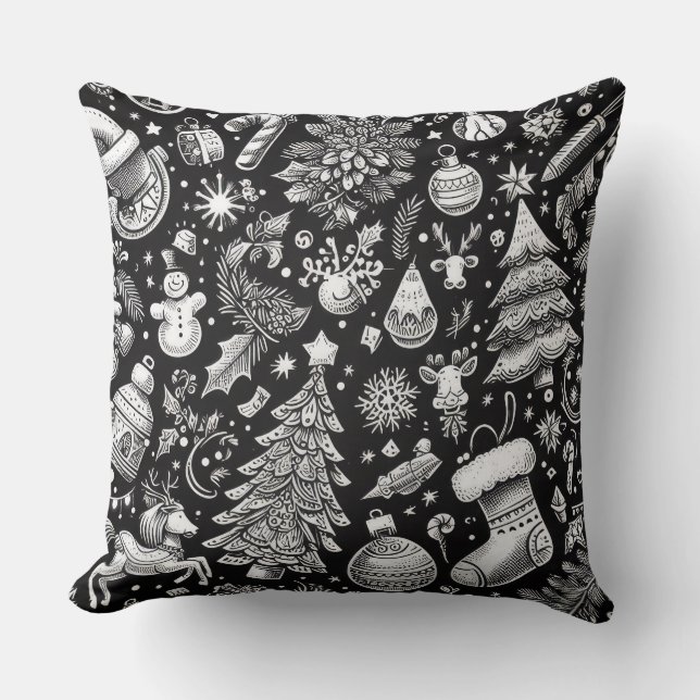Black White Pastel Drawing Christmas Motif Holiday Throw Pillow (Front)