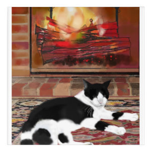Black White Patches Cat Lying front of Fireplace  Acrylic Print