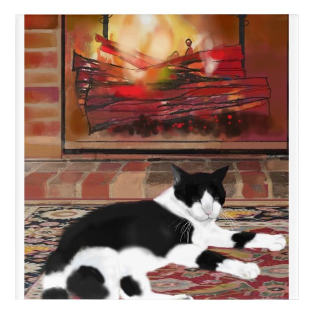 Black White Patches Cat Lying front of Fireplace  Acrylic Print (Front)