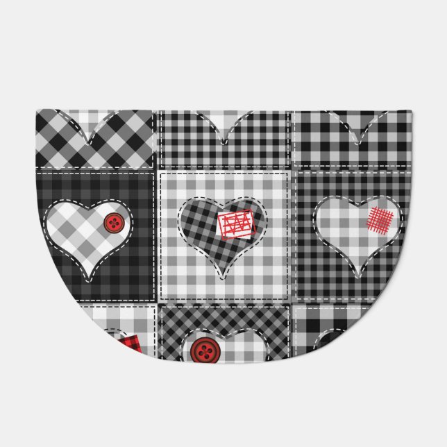Black White Patchwork Hearts Seamless. Doormat (Front)
