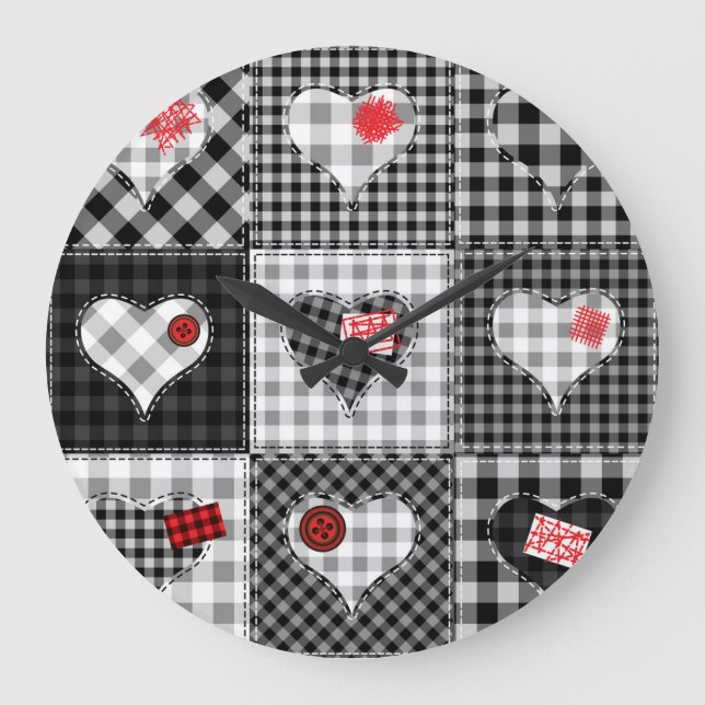 Black White Patchwork Hearts Seamless. Large Clock (Front)