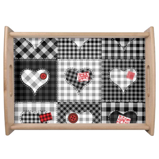 Black White Patchwork Hearts Seamless. Serving Tray (Front)