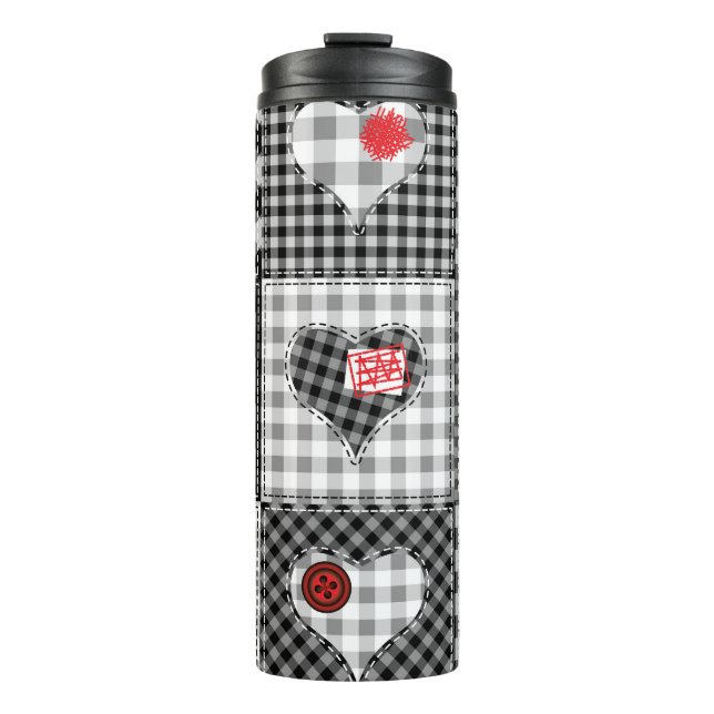 Black White Patchwork Hearts Seamless. Thermal Tumbler (Front)