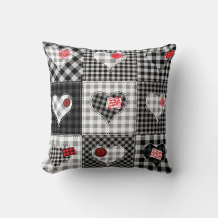 Black White Patchwork Hearts Seamless. Throw Pillow