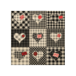 Black White Patchwork Hearts Seamless. Wood Wall Art