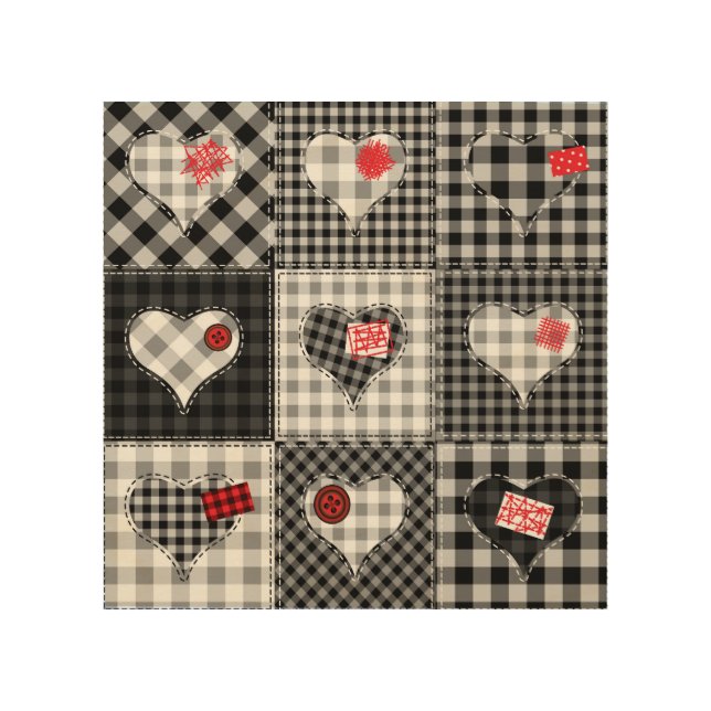 Black White Patchwork Hearts Seamless. Wood Wall Art (Front)