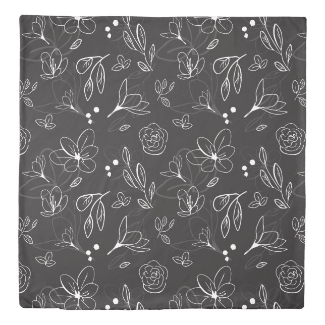 Black White Pattern Floral Minimalist Modern Duvet Cover (Front)