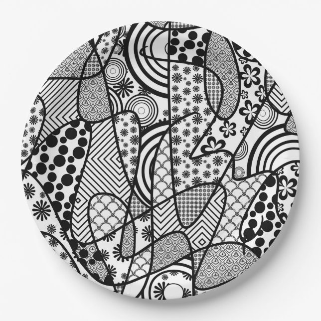 Black & White Pattern Patchwork 02 Paper Plates (Front)