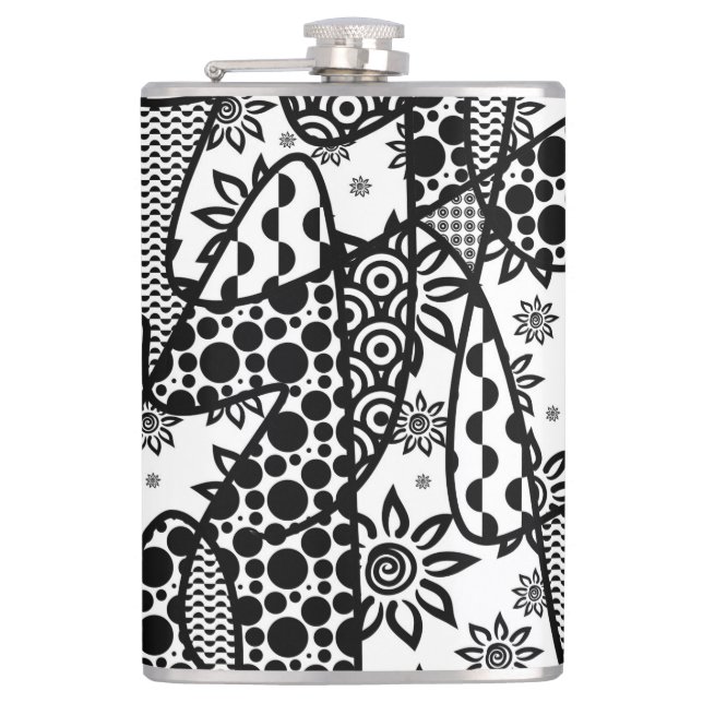 Black & White Pattern Patchwork 03 Hip Flask (Front)