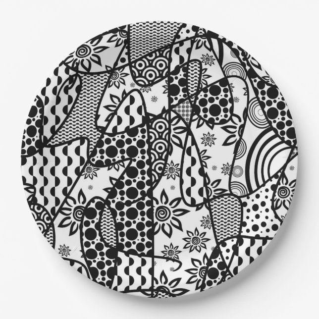 Black & White Pattern Patchwork 03 Paper Plates (Front)