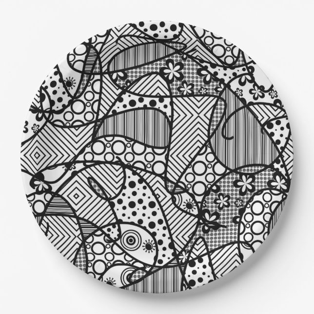 Black & White Pattern Patchwork 04 Paper Plates (Front)