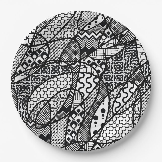 Black & White Pattern Patchwork 05 Paper Plates (Front)