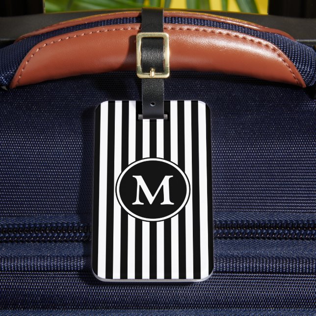 Black White Pattern Striped Pattern Monogram Luggage Tag (Front Insitu 2)