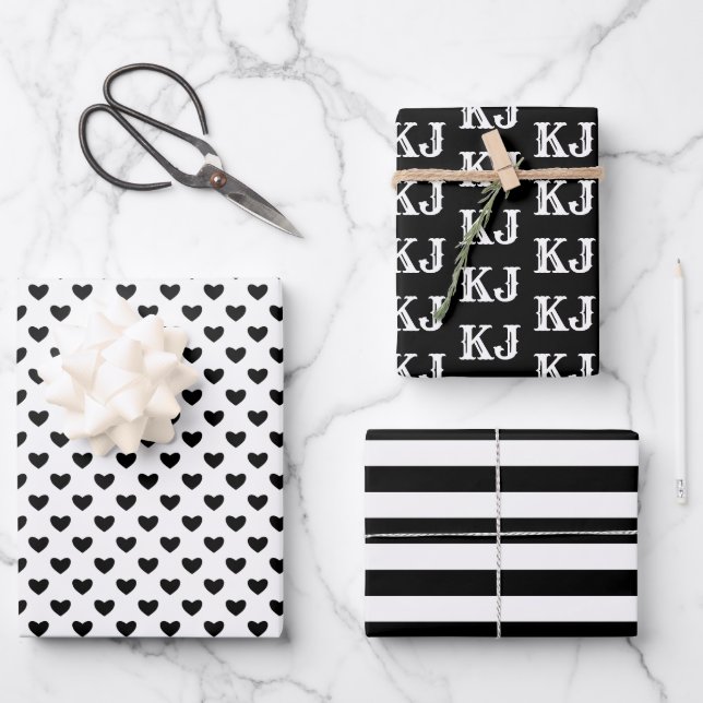 Black White Patterns Monogram4 Wrapping Paper Sheets (Front)