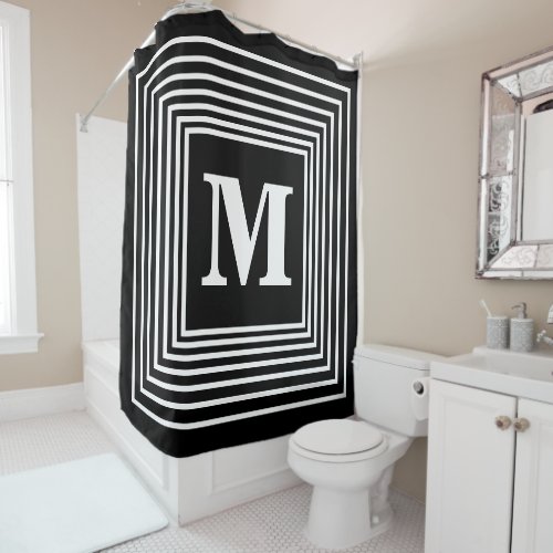 Black White Patterns Monogram Initials Custom Name Shower Curtain