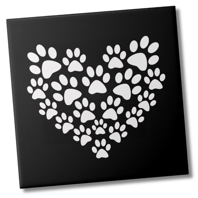Black White Paw Print Heart Ceramic Tile (Black White Paw Print Heart Ceramic Tile)