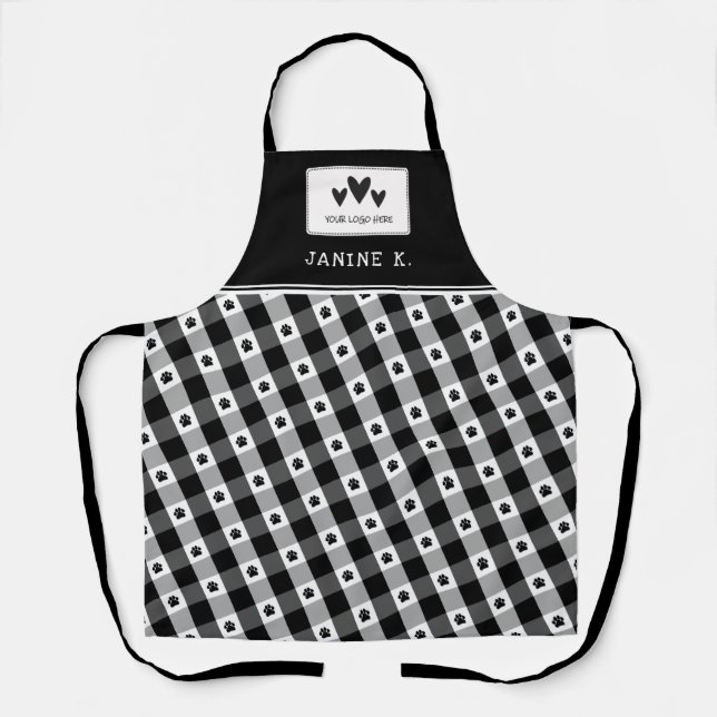 Black White Paw Print Logo Dog Groomer Apron (Front)