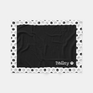 Black White Paw Print Pattern Add Pet Name Fleece Blanket