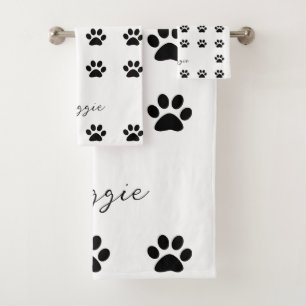 Black White Paw Print Pattern Monogram Custom Name Bath Towel Set