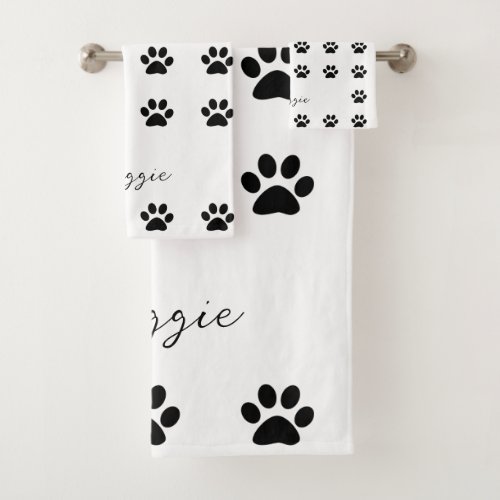 Black White Paw Print Pattern Monogram Custom Name Bath Towel Set