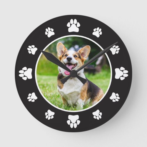 Black White Paw Prints Add Your Pet Photo  Round Clock