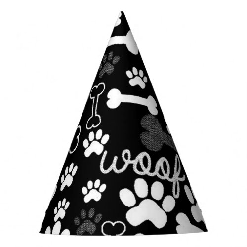 Black  White Paw Prints  Bones Dog Party Hat