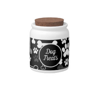 Black & White Paw Prints & Bones Dog Treats Jar