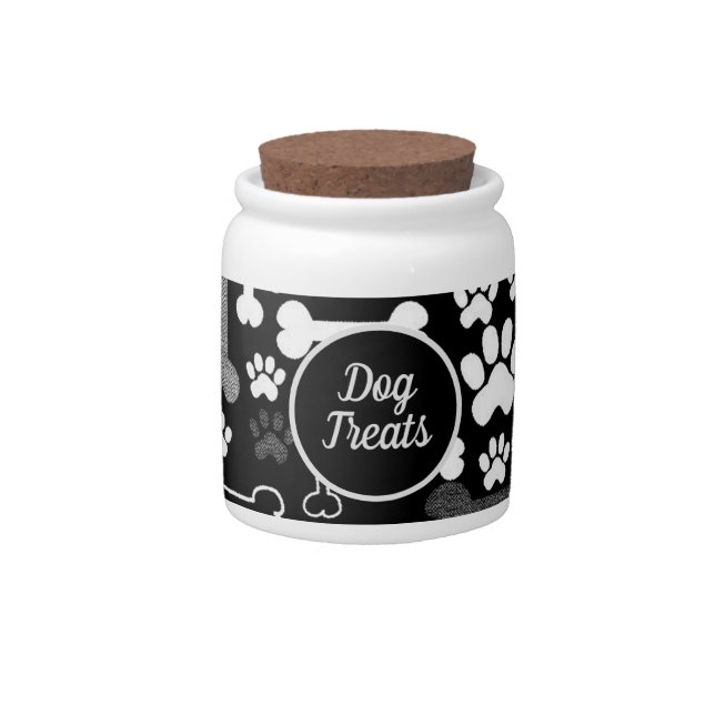 Black & White Paw Prints & Bones Dog Treats Jar (Front)